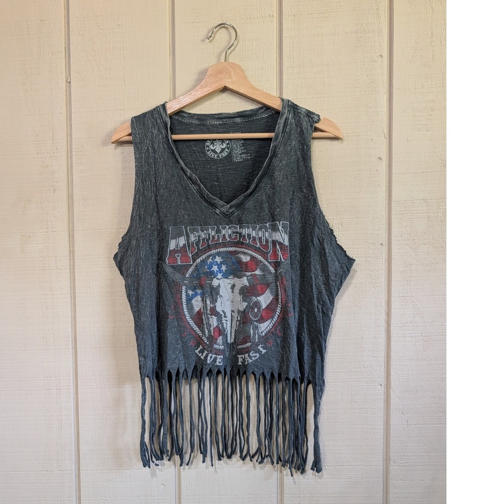 Affliction Live Fast Fringed Western Graphic T-Shirt Faded Black Festival